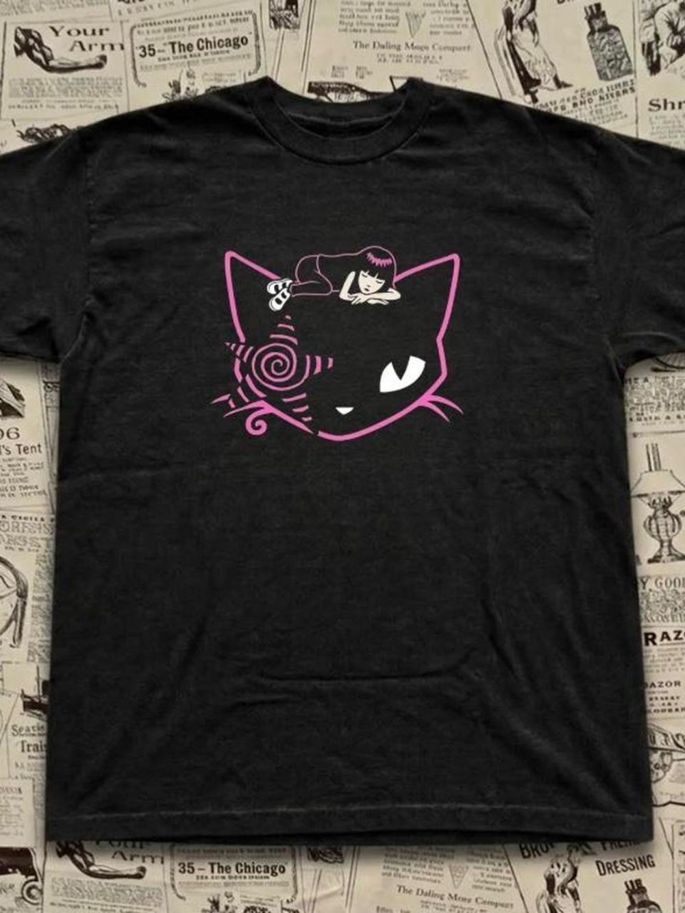 Emily The Strange Black Cat Vintage Graphic T-Shirt, Retro Gothic Cartoon Tee